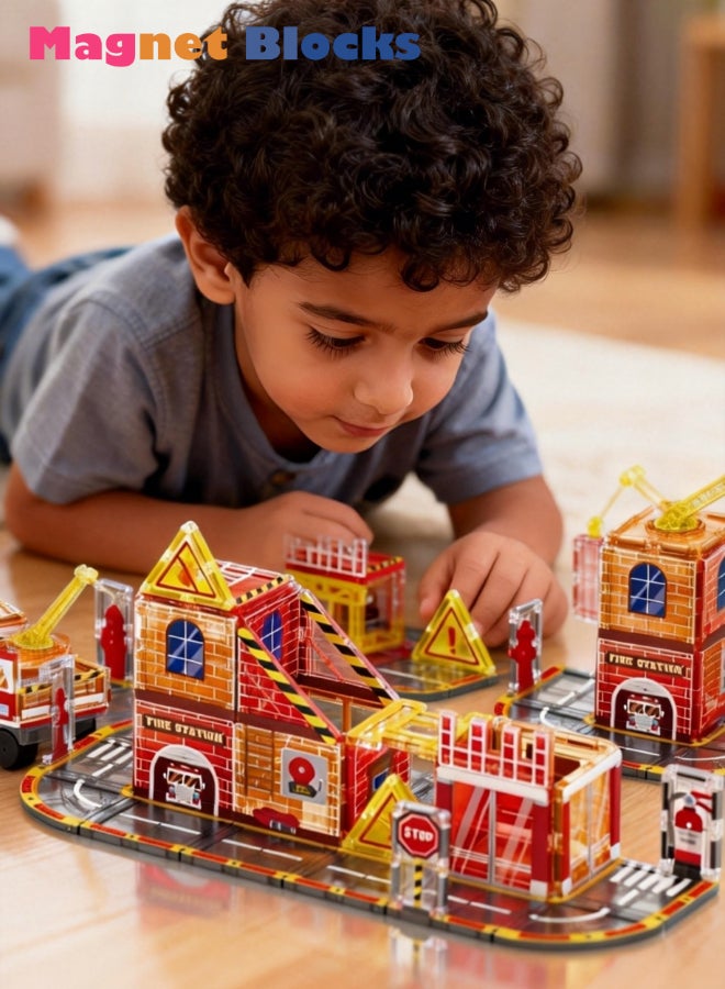 DEZHI 50Pcs of Firefighting Themed Magnetic Block, Magnetic Block Set That Can Be Assembled Into Fire Trucks, Rescue Vehicles, And Professional Themed Experience Sets, 3D Kids Building Blocks, Free Assembly of Buildings, Transportation Vehicles, Enhances The Ability of Logical Thinking for Your Kids. Theme Experience, Free Combination. - Image 4